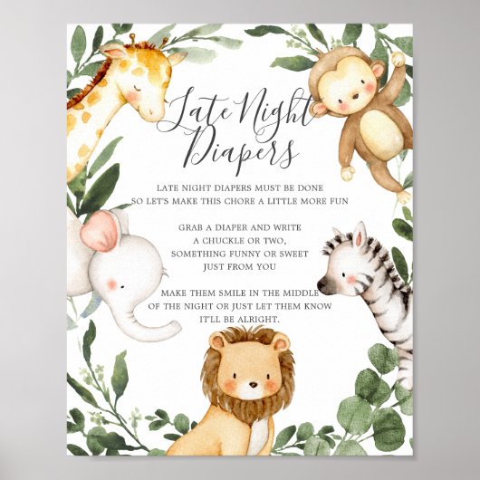 Safari Animals Baby shower Late Night Diapers Sign Poster (Voorkant)