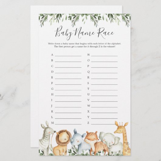 Safari Animals Baby shower Naam Race Game (Voorkant / Achterkant)