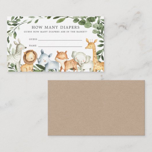 Safari Animals Baby shower raad hoeveel luiers er Informatiekaartje (Voorkant / Achterkant)