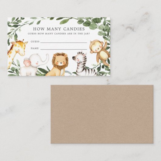 Safari Animals Baby shower raad hoeveel Snoepjes Informatiekaartje (Voorkant / Achterkant)