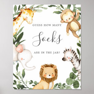 Safari Animals Baby shower raad hoeveel sokken er  Poster
