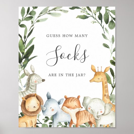 Safari Animals Baby shower raad hoeveel sokken er  Poster (Voorkant)