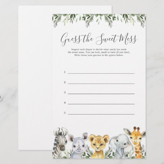 Safari Animals Baby shower raadt de zoete muis (Voorkant / Achterkant)