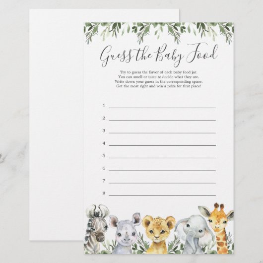 Safari Animals Baby shower raadt het Baby (Voorkant / Achterkant)