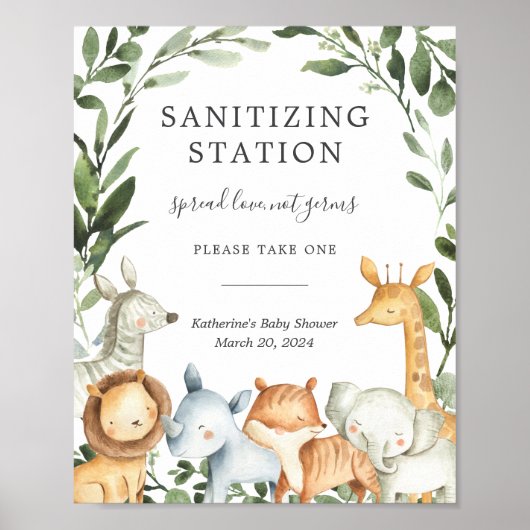 Safari Animals Baby shower Sanitizing Station Sign Poster (Voorkant)