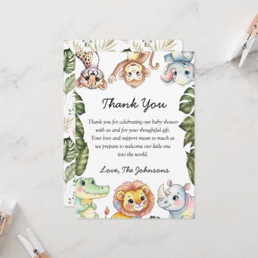 Safari Animals Baby Shower Thank You Card (Voorkant / Achterkant in situ)