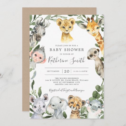 Safari Animals Baby shower Uitnodiging (Voorkant / Achterkant)