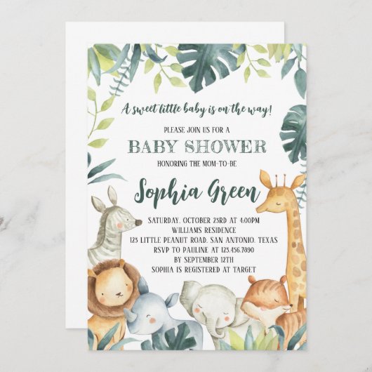 Safari Animals Baby shower Uitnodiging (Voorkant / Achterkant)