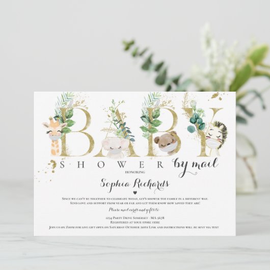 Safari Animals Baby shower van Mail Greenery Gold Kaart (Staand voorkant)