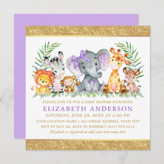 Safari Animals Baby shower Violet Bow Glitter Sq Kaart (Voorkant / Achterkant)