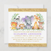 Safari Animals Baby shower Violet Bow Glitter Sq Kaart (Voorkant)