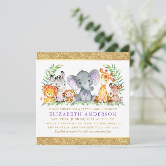 Safari Animals Baby shower Violet Gold Glitter Sq Kaart (Staand voorkant)