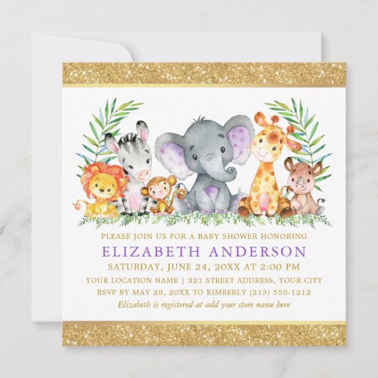 Safari Animals Baby shower Violet Gold Glitter Sq Kaart (Voorkant)