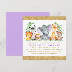 Safari Animals Baby shower Violet Gold Glitter Sq Kaart
