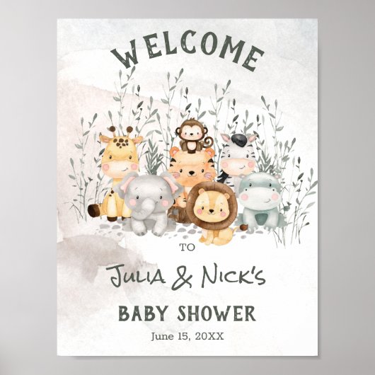 Safari Animals Baby shower Welkomstwoord Poster (Voorkant)