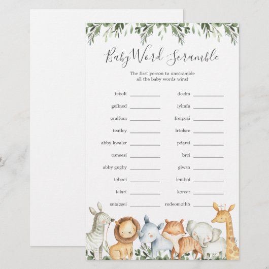 Safari Animals Baby shower Word Scramble Game (Voorkant / Achterkant)