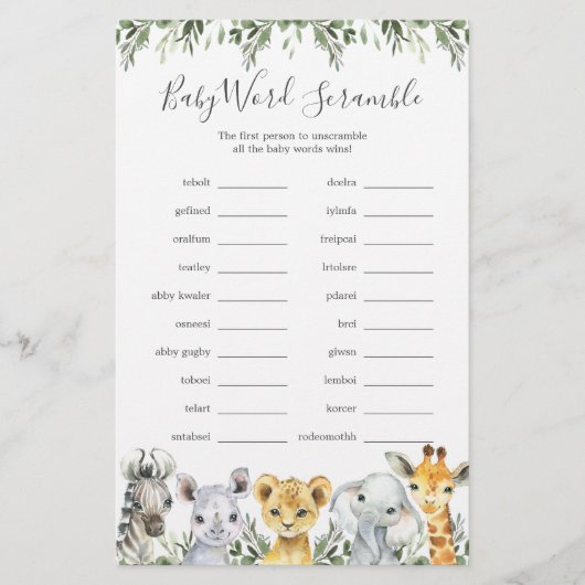 Safari Animals Baby shower Word Scramble Game (Voorkant)