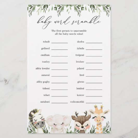 Safari Animals Baby shower Word Scramble Game (Voorkant)
