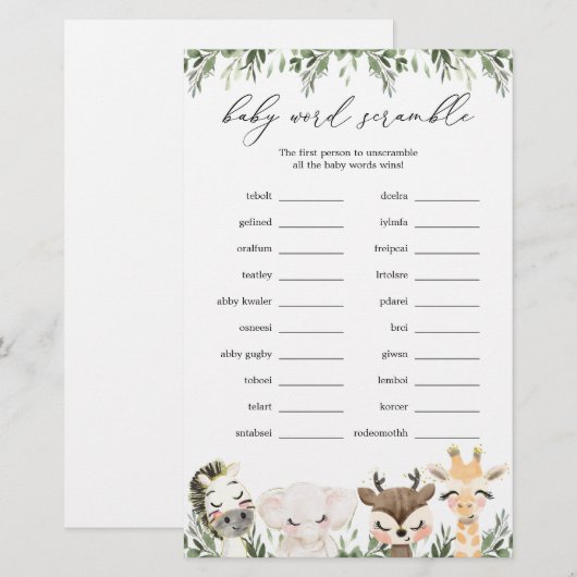 Safari Animals Baby shower Word Scramble Game (Voorkant / Achterkant)
