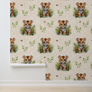 Safari Animals Baby Tiger Cub Greenery on Cream Behang