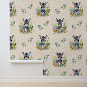 Safari Animals Baby Zebra Greenery on Cream Behang