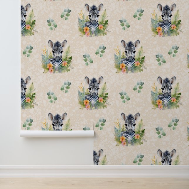 Safari Animals Baby Zebra Greenery on Cream Behang (Applicatie)