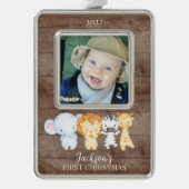 Safari Animals Baby's eerste kerstfoto Christus Verzilverd Omlijst Ornament (Voorkant)