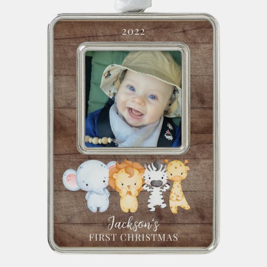 Safari Animals Baby's eerste kerstfoto Christus Verzilverd Omlijst Ornament (Voorkant)