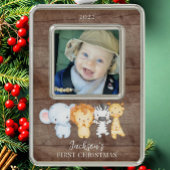 Safari Animals Baby's eerste kerstfoto Christus Verzilverd Omlijst Ornament