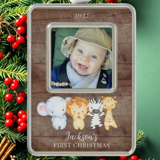 Safari Animals Baby's eerste kerstfoto Christus Verzilverd Omlijst Ornament