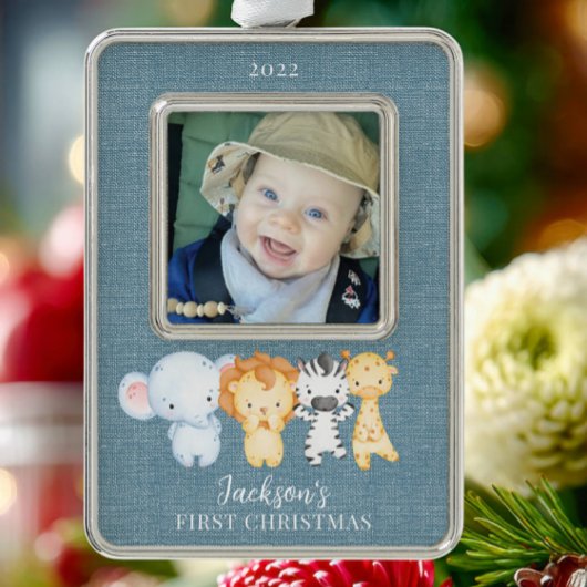 Safari Animals Baby's eerste kerstfoto Verzilverd Omlijst Ornament