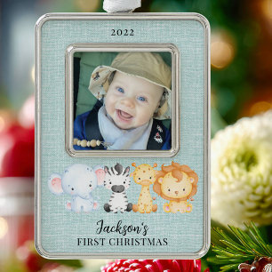 Safari Animals Baby's eerste kerstfoto Verzilverd Omlijst Ornament