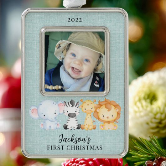 Safari Animals Baby's eerste kerstfoto Verzilverd Omlijst Ornament