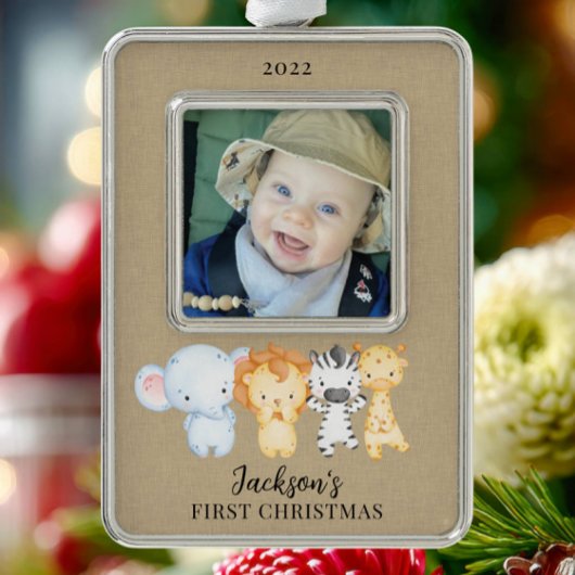 Safari Animals Baby's eerste kerstfoto Verzilverd Omlijst Ornament