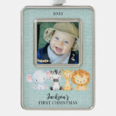 Safari Animals Baby's eerste kerstfoto Verzilverd Omlijst Ornament (Voorkant)