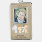 Safari Animals Baby's eerste kerstfoto Verzilverd Omlijst Ornament (Links)