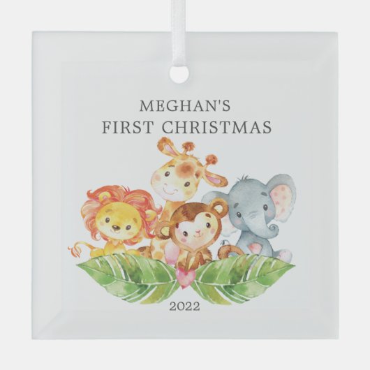 Safari Animals Baby's Eerste Kerstmis Glas Ornament (Voorkant)