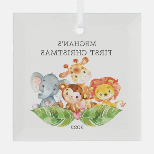 Safari Animals Baby's Eerste Kerstmis Glas Ornament (Achterkant)