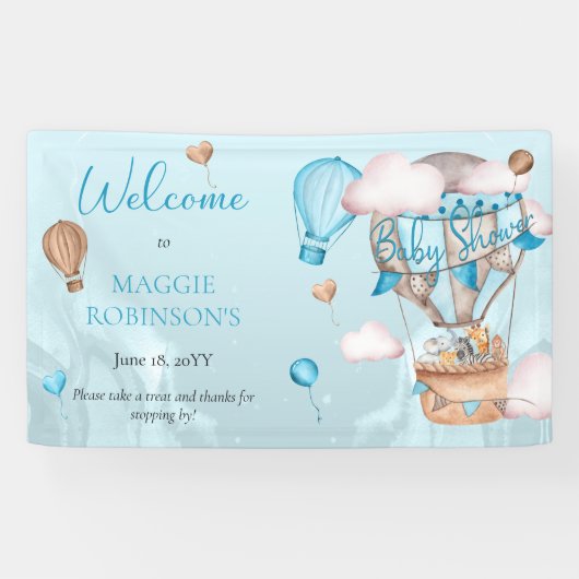 Safari Animals Balloons Blue Boy Baby shower Spandoek (Horizontaal)