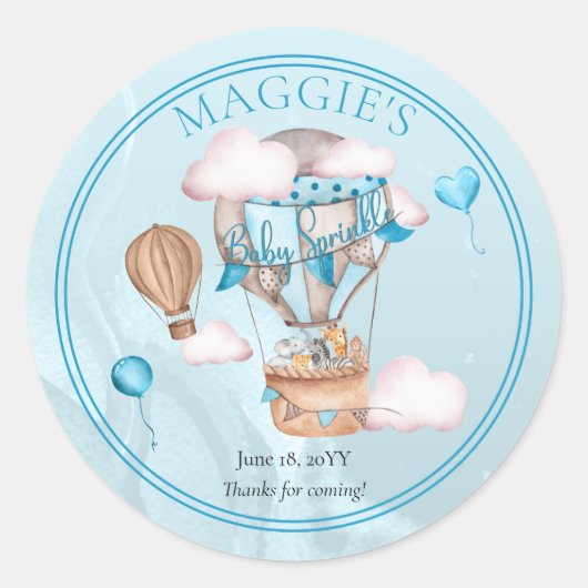 Safari Animals Balloons Blue Boy Baby Sprinkle Ronde Sticker (Voorkant)