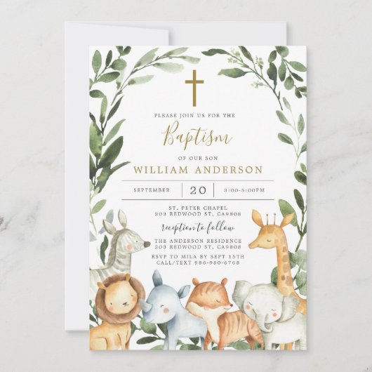 Safari Animals Baptism/Christening Invitation Kaart (Voorkant)