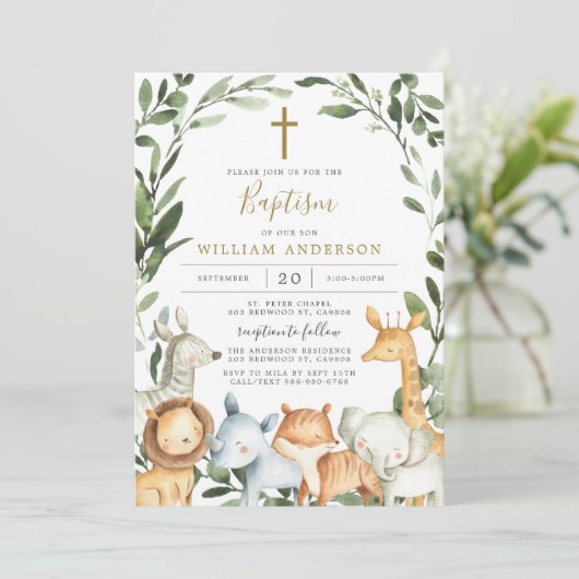 Safari Animals Baptism/Christening Invitation Kaart (Staand voorkant)