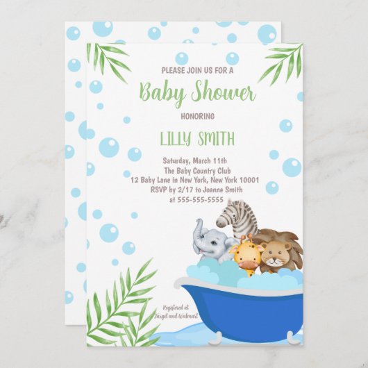 Safari Animals Bath Time Baby shower Invitation Kaart (Voorkant / Achterkant)