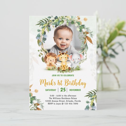 Safari Animals Birthday Invitation Wild One Party Kaart (Staand voorkant)