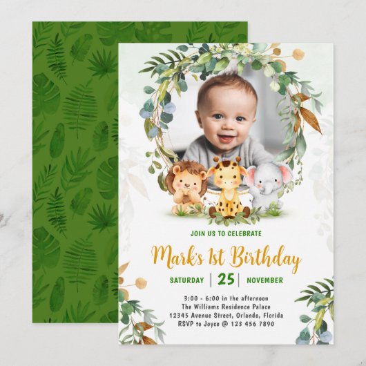 Safari Animals Birthday Invitation Wild One Party Kaart (Voorkant / Achterkant)