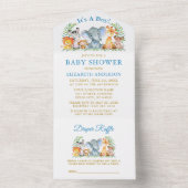 Safari Animals Blue Baby shower en Raffle Gold All In One Uitnodiging (Binnen)