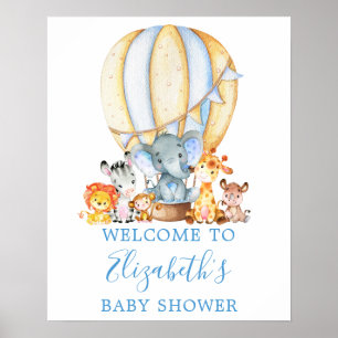 Safari Animals Blue Balloon Baby shower Welkom Poster