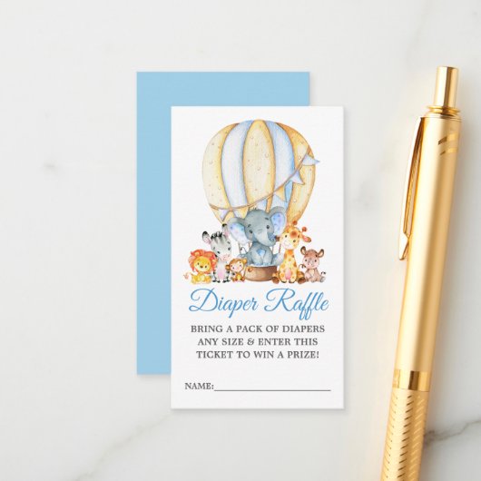 Safari Animals Blue Balloon Diaper Raffle Informatiekaartje (Voorkant / Achterkant in situ)