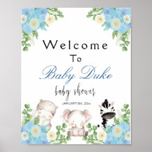 safari animals Blue Boy Baby shower Welcome Poster