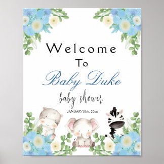 safari animals Blue Boy Baby shower Welcome Poster